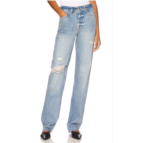 Anine Bing Denim - Women's Anine Bing Denim Olsen Jeans Blue Distressed Straight Leg Trendy Revolve